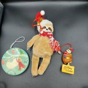 Lot of 3 Sloth Plush & Resin Christmas Holiday Winter Ornaments
